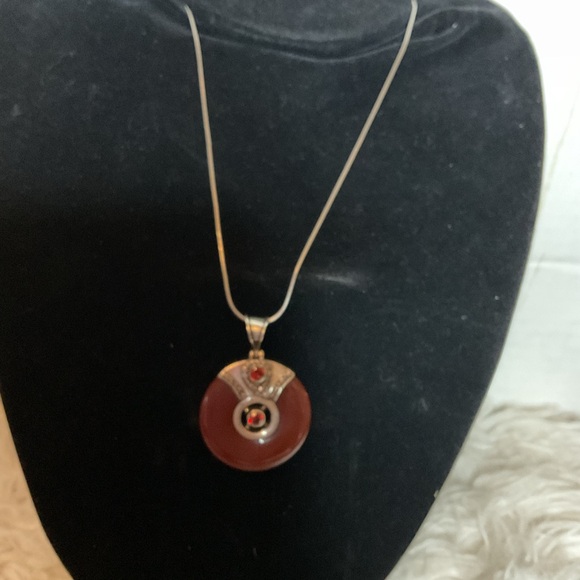 Sterling Silver Carnelian Donut Pendant Necklace Red Stone - Picture 3 of 9
